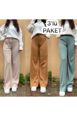 3er-Pack Damen-Pyjamahose aus gestreifter gekämmter Baumwolle aus Cord, Beige, Senf, Mintgrün, BM. CordedBottom. 3some - 2