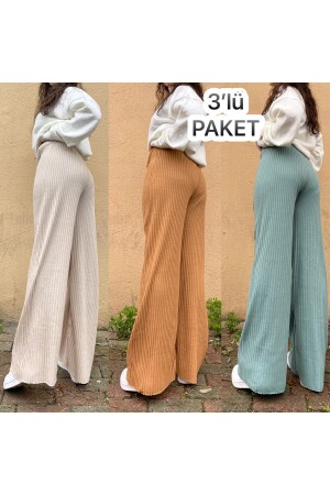 3er-Pack Damen-Pyjamahose aus gestreifter gekämmter Baumwolle aus Cord, Beige, Senf, Mintgrün, BM. CordedBottom. 3some - 6