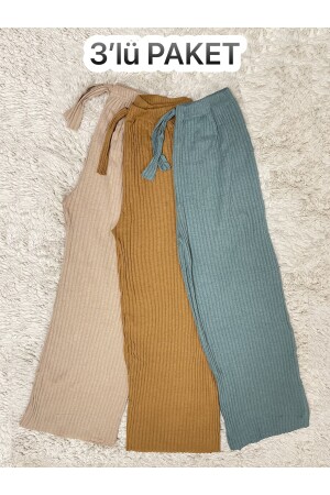 3er-Pack Damen-Pyjamahose aus gestreifter gekämmter Baumwolle aus Cord, Beige, Senf, Mintgrün, BM. CordedBottom. 3some - 9