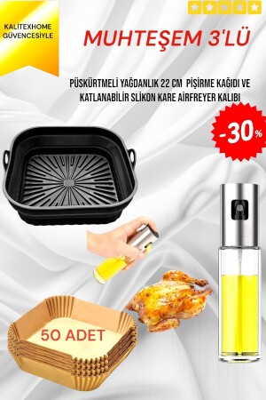 3er-Set XXL-XL-L quadratischer Airfryer-Kochbehälter aus Silikon < Airfryer-Ölpapier 50 Stück < 1 Sprühölbehälter - 1