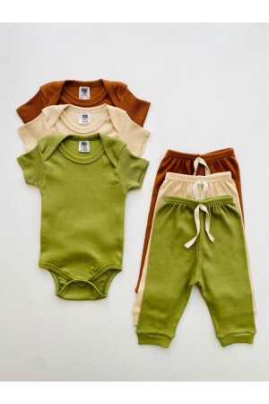 3'lü %100 Pamuklu Kısa Kol Bebek Body Pantolon Takım - 1