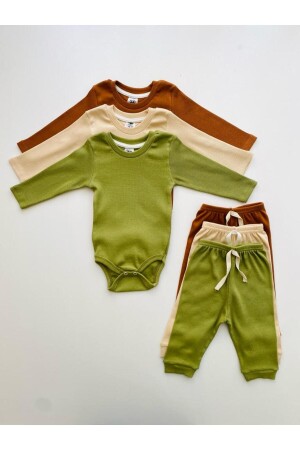 3'lü %100 Pamuklu Uzun Kol Bebek Body Pantolon Takım - 1