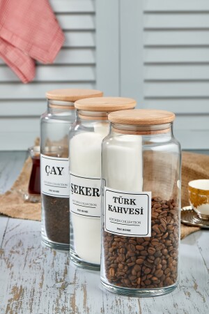 3'lü Ahşap Kapaklı Çay & Türk Kahvesi & Şeker Saklama Kabı 1300 Ml Cam Kavanoz FBZ-SUGARTEACOFFEE-1300ML - 4