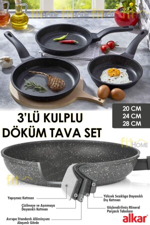 3'lü Alkar Saplı Döküm Tava Seti Yanmaz Yapışmaz Thermo Granit Tava Seti 20-24-28 Cm 3LUSAPLI - 1