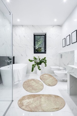 3'lü Banyo Halısı Paspası Oval Peluş Klozet Takımı-bej 60x90(ELİPS)-50x60(ELİPS)-60x60(YUVARLAK) BSLYBANYO3LÜ - 2