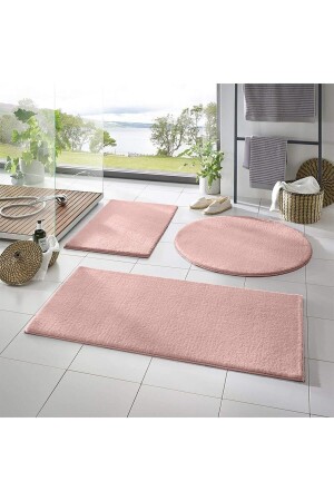 3'lü Banyo Paspası Halısı Peluş Halı Klozet Takımı Pudra-pembe 50x90-50x60-50x50(YUVARLAK)- - 1