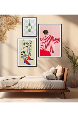 3'lü Çerçeveli Çizgili Kadın Tablo Seti Poster Tablo YN0101 - Homepack