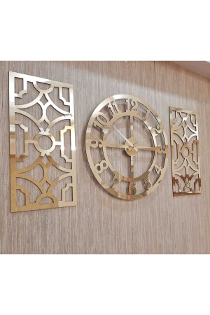 3lü Duvar Saati Ve Dekor Gold (SAAT 50X50CM DEKOR 24X50CM) Türk Rakamlı Mdf Üzeri Aynalı Pleksi 3800905 - 2