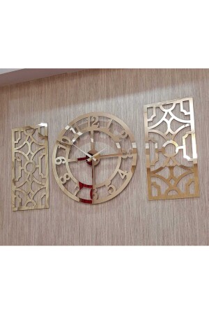 3lü Duvar Saati Ve Dekor Gold (SAAT 50X50CM DEKOR 24X50CM) Türk Rakamlı Mdf Üzeri Aynalı Pleksi 3800905 - 3