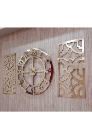 3lü Duvar Saati Ve Dekor Gold (SAAT 50X50CM DEKOR 24X50CM) Türk Rakamlı Mdf Üzeri Aynalı Pleksi 3800905 - 4