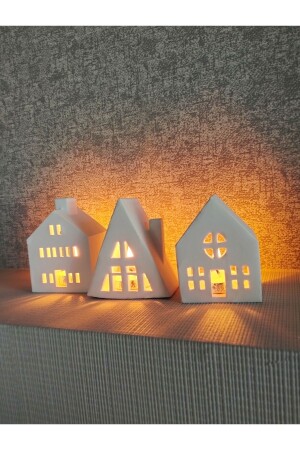 3lü Ev Mumluk Dekoratif Beton Mumluk Tealight Mum Dahildir - 3