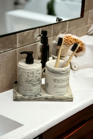 3'lü Mermer Desen Banyo Seti Tuvalet Wc Sıvı Sabunluk Diş Fırçalığı Beton Aksesuar Takımı - Trust Stone