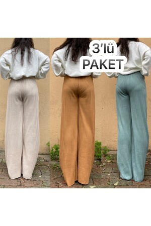 3'lü Paket Kadın Fitilli Çizgili Penye Raporlu Pamuklu Pijama Altı Eşofman Bej Hardal Mint Yeşili BM.FitilliAlt.3lü - 5