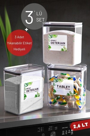 3'lü Set 2,6 Lt Etiketli Renkli Deterjan, Beyaz Deterjan & Tablet Saklama Kabı Şeffaf NDY-T157 - 1