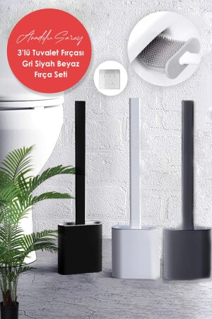 3lü Set Beyaz Siyah Gri Renk Silikon Tuvalet Fırçası | Bükülebilir Pratik Silikon Wc Klozet Fırçası Combo.WC.SET - 1