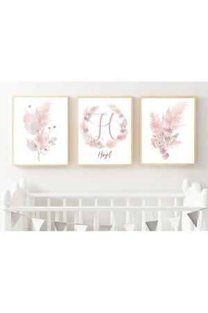 3'lü set Çiçek Desenli Bebek Kişiye Özel İsimli Çocuk odası 20 x 30 cm ÇERÇEVE GÖRÜNÜMLÜ MDF Tablo - Primero
