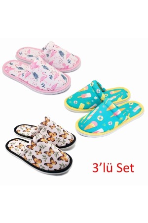 3'lü Set Flamingo- Kelebek- Dondurma Desenli Yumuşak Tabanlı Ev Terlik Unisex - 2