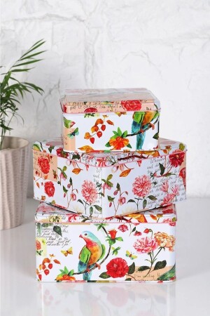 3'lü Set Kuş Desenli Kare Çok Amaçlı Metal Erzak Saklama Kabı Dekoratif Kutu Hediye Kutusu - Genel Markalar