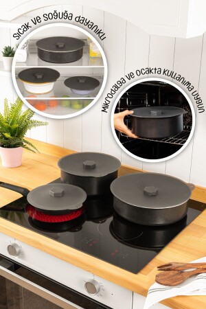 3lü Silikon Tencere Tava Kapağı Isı Koruyucu Antrasit Renk - Vienev