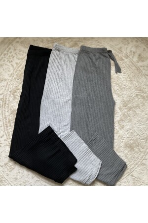 3'lü Siyah - Gri - Füme Kadın Fitilli Rahat Pantolon & Eşofman- Gündelik Rahat Ev Giyim Pijama - 1