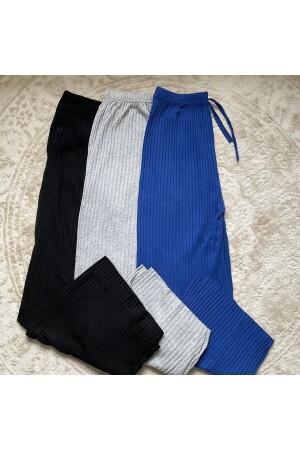 3'lü Siyah - Gri - Lacivert Kadın Fitilli Rahat Pantolon & Eşofman- Gündelik Rahat Ev Giyim Pijama - 1