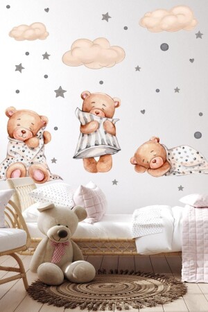 3'lü Uyuyan Ayıcık Bulutlar Ve Yıldızlar Çocuk Bebek Odası Sticker Seti - 1