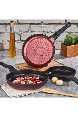 3'lü Yanmaz Yapışmaz Kırmızı Granit Tava Seti (20CM-24CM-28 CM) DN20001 - 5