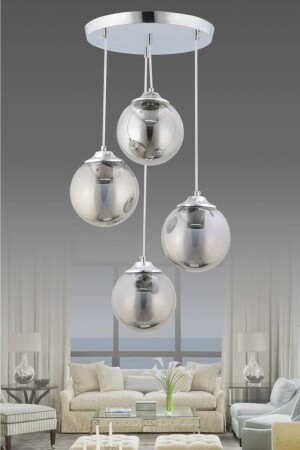 مصباح المعلقة من 4 قطع فضية مدخنة كرة الأرض الزجاجية 1605040012596 - İstanbul Avize