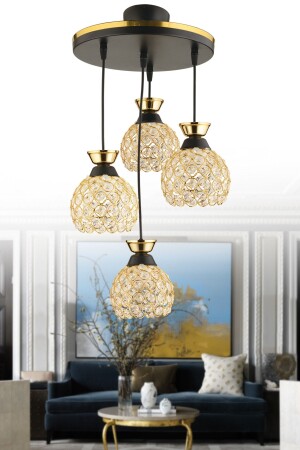 م.ن.ز-يغمر 4 قطع مصباح معلق ذهب أسود كرة بلورة زجاجية مودرن شمعة 4034 - KUZEY AYDINLATMA