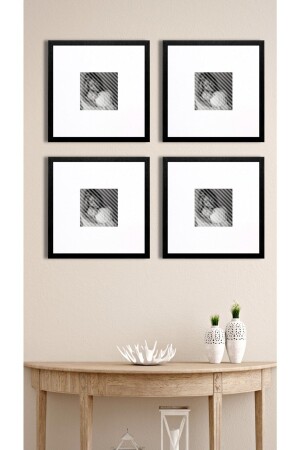 مجموعة إطار الصورة من 4 قطع 40x40 سم حجم داخلي 15x15 إطار أسود إطار أبيض زجاج الزجاج - Tuğra Sanat Galerisi