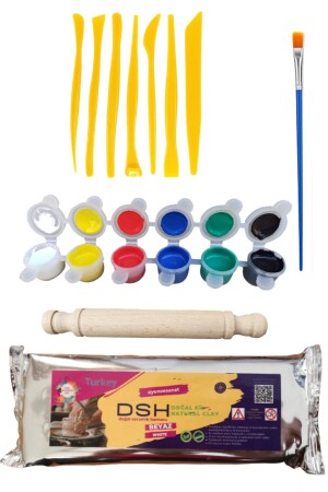 مجموعة من الخبز السيراميكي المبتدئة مجموعة 4 - 6 قطع طلاء، 5 قطع غفوة، رولر، فرشاة، 1000 گرام مجموعة غفوة بلاستيكية طين - DSH Doğal Seramik Hamuru