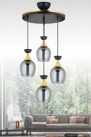 مادة من المصابيح المعلقة من 4 قطع جرة جرس سوداء مع زجاج مدخن و شريط صفراء شمعة حديثة AK00059 - Kraliçe