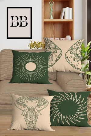 صيغة الفيل البيز الأخضر المطبوعة للأزياء الديكورية 4 قطع قماش الأريكة القماش و الغطاء الكوشن مجموعة - Belle Benoit