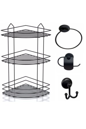 مجموعة ملحقات الحمام من 4 أجنحة سوداء - فولاذية الحياة راك الزاوية قفص دش شامبو حاملة الأسود Ek-03 - Sas Haus