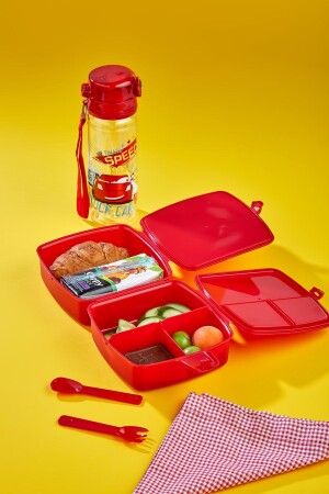 4 Fächer, 2-lagige Lunchbox mit Löffel und 500-cc-Wasserflasche mit Strohhalm. Auto-Lunchbox-Set - 1