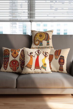 مجموعة هدية ذات موضوع أفريقي أحمر أصفر من 4 أغطية غطاء أريكة مطبوعة رقمية - Hayal Dekoratif