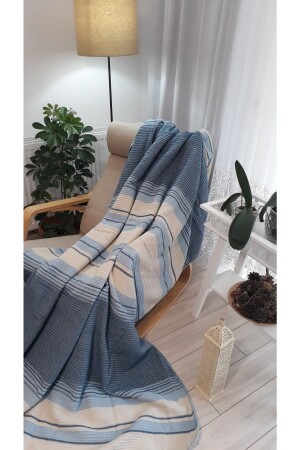 4-Jahreszeiten-Baumwolldecke für Doppelbett, 180 x 220 cm, Balkon-TV-Decke, blau gestreift, PIKEP130 - 4