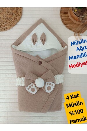 4 Kat Müslin Skahve Bebek Kundağı Unisex Dış Kundak Battaniyesi Hastane Çıkışı Hediyelik KND45407 - 1