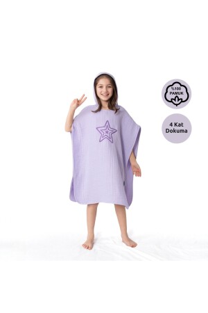 4 Katlı Nakışlı Müslin Panço - Lila - Zuppers