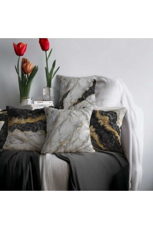 مجموعة من 4 وسادة جودة الهدايا المطبوعة رقميا من المرمار الرمادي الأسود MNZ - القذف قضية وسادة - Flamenco Tekstil