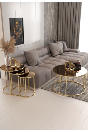 مقعد العشب من 4 قطع MNZ-Armoni و طاولة القهوة مجموعة ذهبية ساق مرآة برونز AR5 - Nies Aksesuar