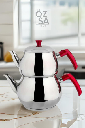 4 Parça Küre Çaydanlık Kırmızı Kulplu Orta Boy Çaydanlık OZSA00000142 - 2