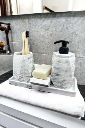 MNZ-4 قطعة مسمارة نمطة الكونكريت حمام مجموعة صبون السائل الصلبة مُزودة فرشاة الأسنان محفظة الصندوق - Betonmall