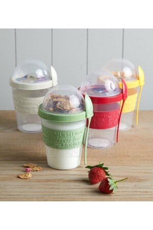 4 „Prepare and Go“-Behälter für Fruchtjoghurt mit Deckel und Löffel | - 1