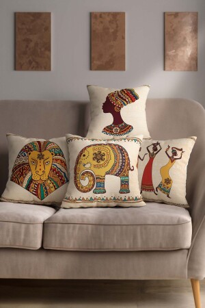 مجموعة من 4 أغطية من الوسادة المطبوعة على الإنترنت بألوان البرتقال والكريم مع صور الأسد والفيل والمرأة ذات النمط الأفريقي - Şah Dekor