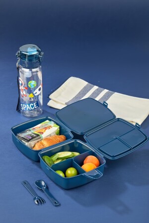 4-teilige, 2-lagige Lunchbox mit Selbstlöffel und 500-cc-Wasserflasche mit Strohhalm. Space-Lunch-Bag-Set - 2