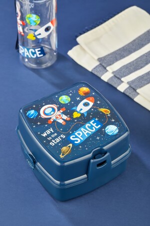 4-teilige, 2-lagige Lunchbox mit Selbstlöffel und 500-cc-Wasserflasche mit Strohhalm. Space-Lunch-Bag-Set - 4