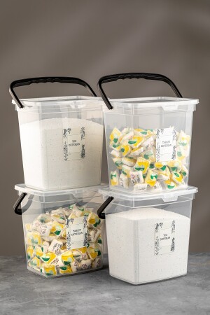 4-teiliger, beschrifteter 6-Liter-Aufbewahrungsbehälter für Reinigungsmittel – Tabletten-Aufbewahrungsbox für Reinigungsmittel mit Griff, transparent MCH618 - 3