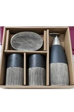4-teiliges Badezimmer-Set mit Flüssigseifenspender aus Keramik – Anthrazit PNK6240 - 4