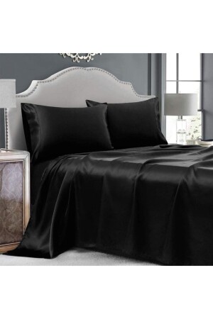 4-teiliges Doppelbett-Bettbezug-Set aus 100 % Seidensatin, 200 x 220 cm, elastisches Laken, schwarze Farbe, Bettbezug-Set 2 - 3